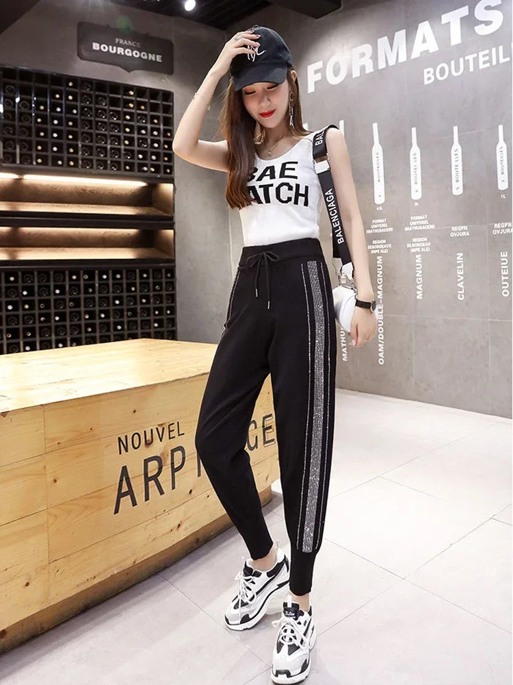 Loose Fit Black Knitted Harem Pants for Women with Diamond Rhinestone Decoration Elastic Waistband Sweatpants Cropped Pants 5