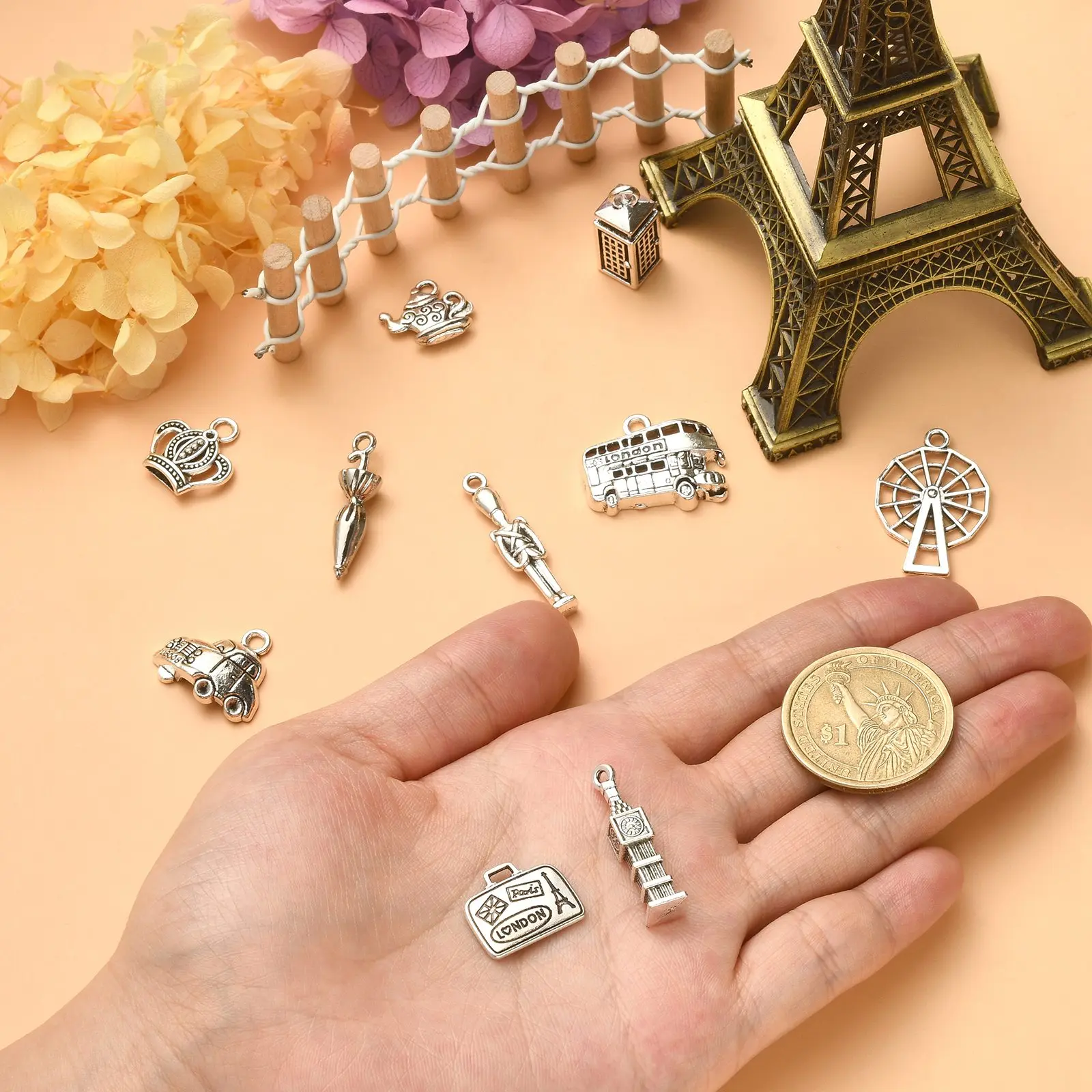 100Pcs 10 Styles London Theme Charms Antique Silver Big Ben Windmill Bus Car Charms Tibetan Travel Charms for Jewelry Making