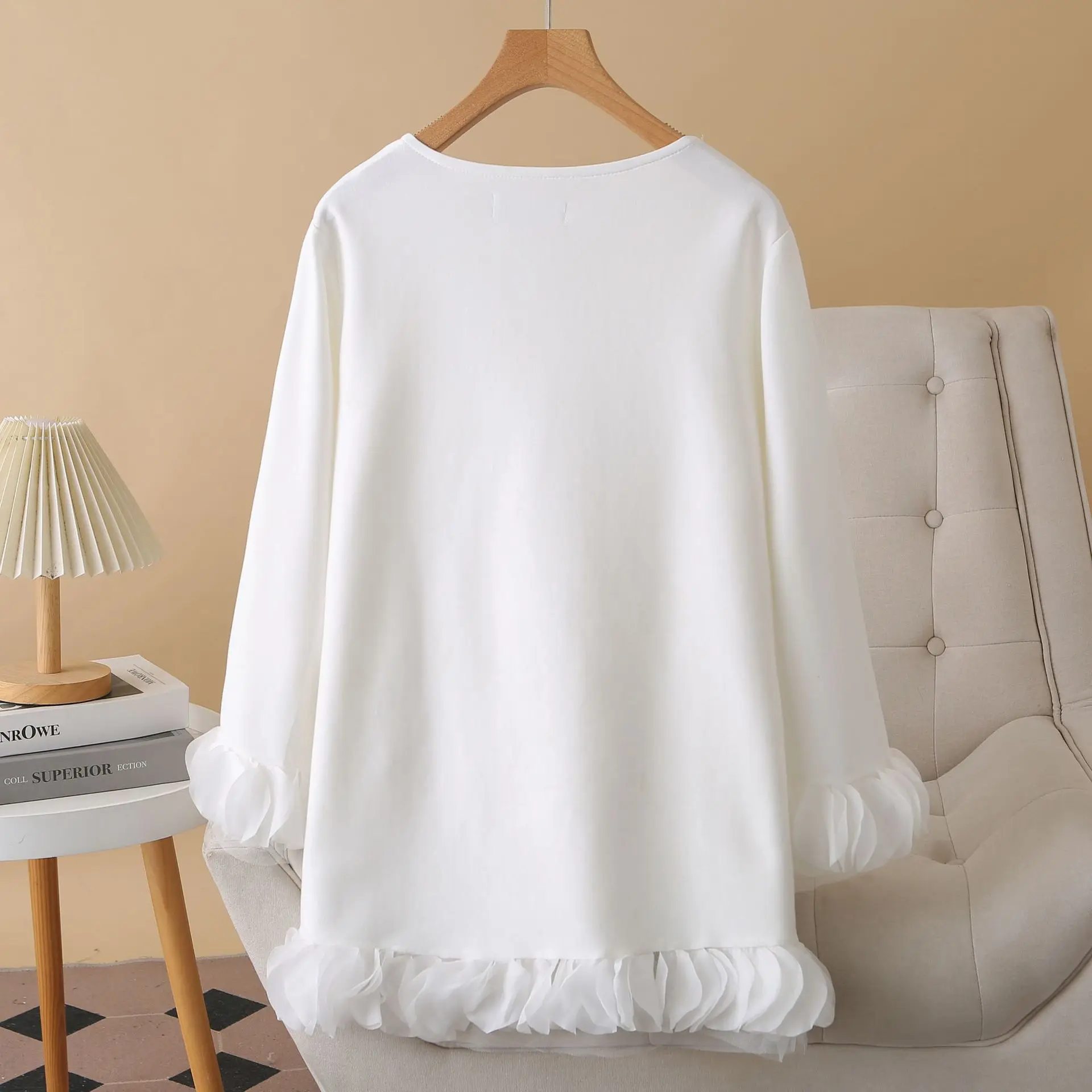 Fashion Plus Size Women's T-Shirt Autumn New Style Long Sleeve Modal Scuba Knitting Fabric Three Dimensional Lace Tops 1705