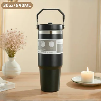 30oz Large Capacity Car Cup Stainless Steel Thermos Cup with Straw Travel Sports Water Bottle Vacuum Flask Coffee Insulation Cup 1