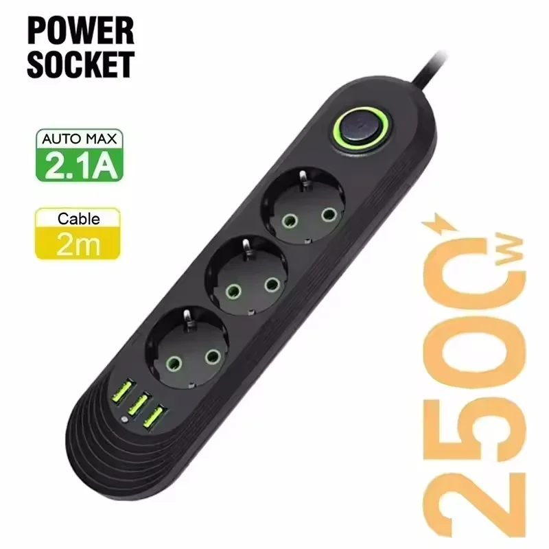High-Power EU Plug Power Strip with USB Ports & 2m Extension Cord