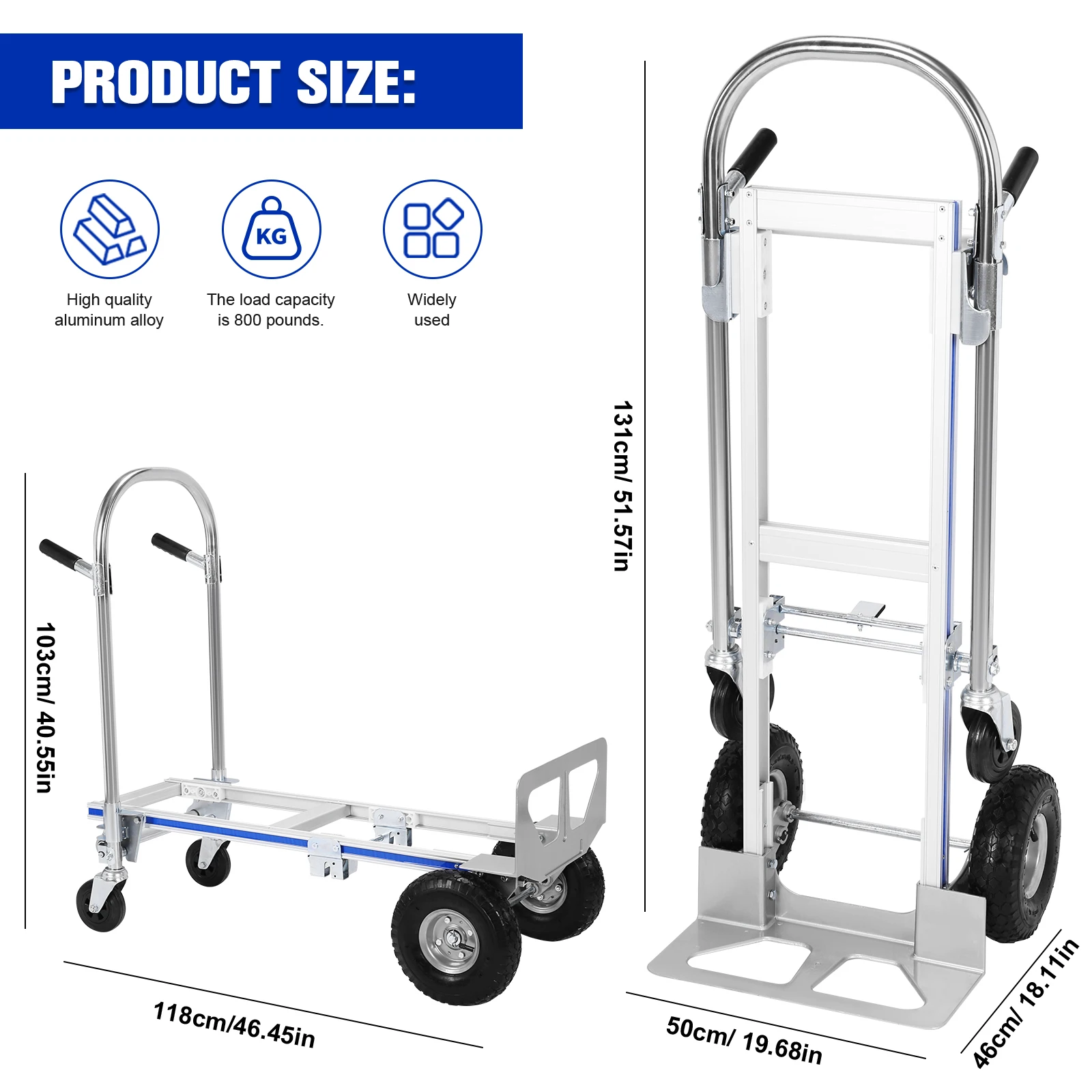 2-in-1 Aluminum 800LBS Capacit Convertible Dolly W/Wheels Portable Dolly Cart Heavy Duty Folding Dolly Cart for Moving Transport
