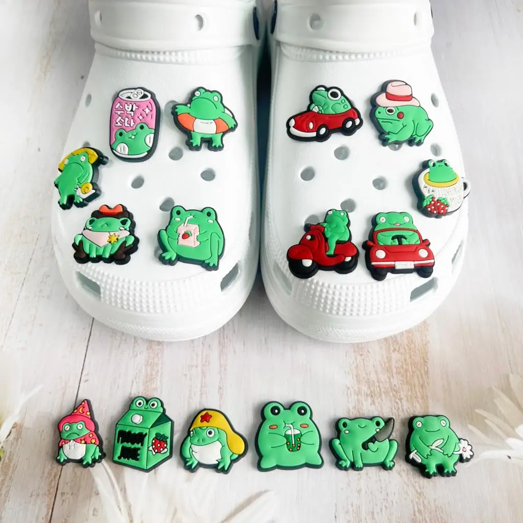 

Single sale 1pcs PVC Cartoon Buckle JIBZ Clog Funny Frog Drink DIY Croc Charms Decorations Shoe Accessories Kids Gift
