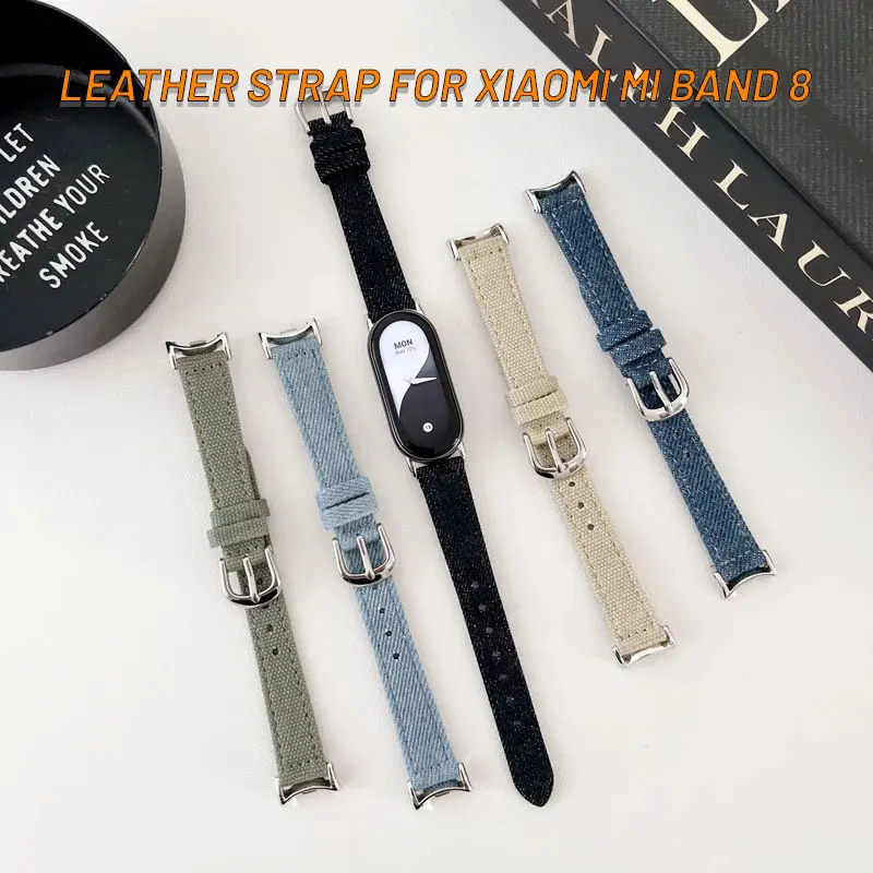 Cinturino In Pelle Denim Grain Per Xiaomi Mi Band 8 Cinturino Di Ricambio Smart Watchband Per Miband 8 Accessori Per Bracciali Sportivi