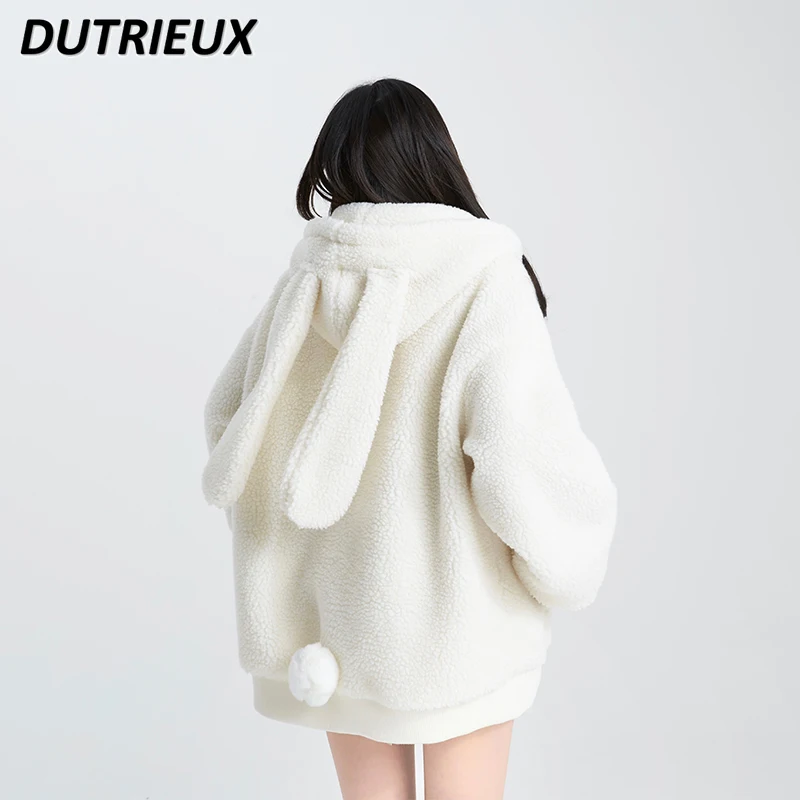 

Solid Color Sweet Lamb Wool Coat Female Winter All-matching Parkas Cute Rabbit Ears Loose Hooded Zip Cardigan Coat for Women
