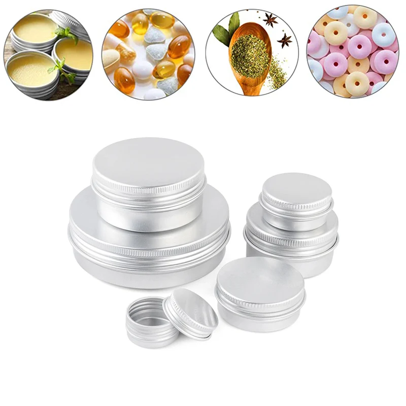 Empty Silver Aluminum Tins Cans Screw Top Round Candle Spice Tins Cans with Screw Lid Containers 5-150ml 50/10/5pcs