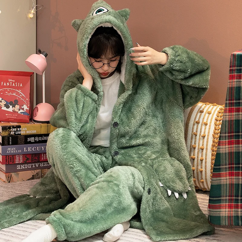 

Autumn Winter Warm Flannel Women Pajamas Set Thick Coral Velvet Long Sleeve Cartoon Sleepwear Flannel Pyjamas Home Clothes