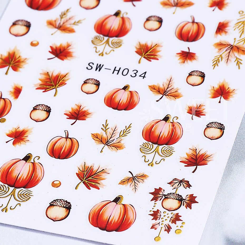 2pcs Autumn Pumpkin Nail Stickers 3D Maple Leaf Pine Fruit Self-Adhesive Nail Decals Slider DIY Thanksgiving Manicure Decoration