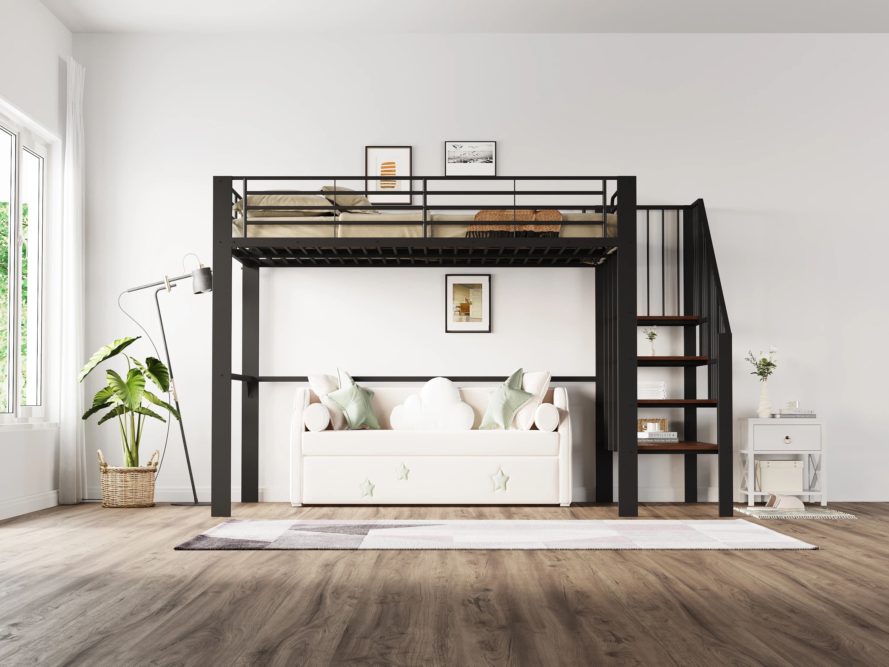 Hochbett 140 x 200. Robuste Metallkonstruktion mit geräumigem Stauraum unter dem Bett und Treppen. Ideal für Kinder und Erwachsene. – Detail 17
