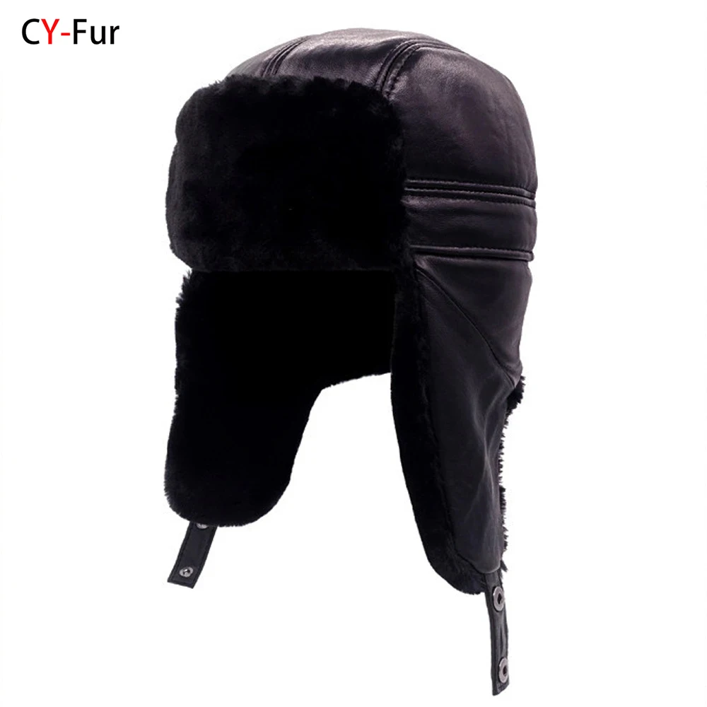Hot Fashion Russia Adult Caps Men Natural Real Sheepskin Leather Bomber Hats Male Casual Winter Warm Sheepskin Leather Cap winter hat fashion hat