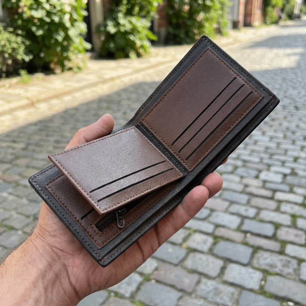 Portafoglio Corto in Pelle PU per Affari, Design a Due Pieghe, Grande Capacità, Porta Carte per Uomo con Protezione RFID, Portamonete - immagine 5