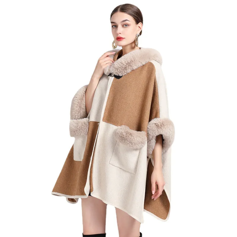 High Grade Autumn Winter New Imitation Otter Rabbit Fur Collar Cape Knit Cardigan Poncho Lady Capes Beige Cloaks