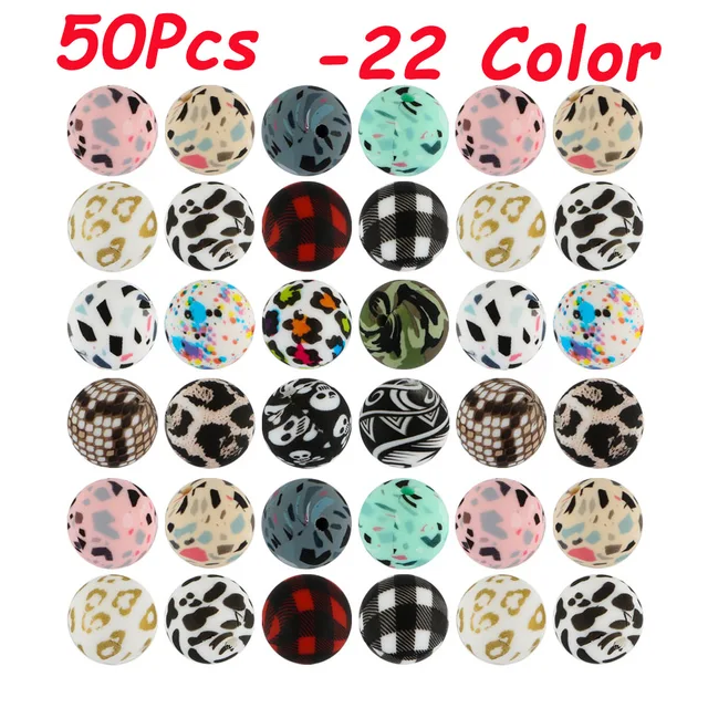 Kovict 50/100Pcs 15mm Printed Silicone Beads Baby Round Leopard Beads DIY Pacifier Chain Jewelry Bracelet Necklace Accessories
