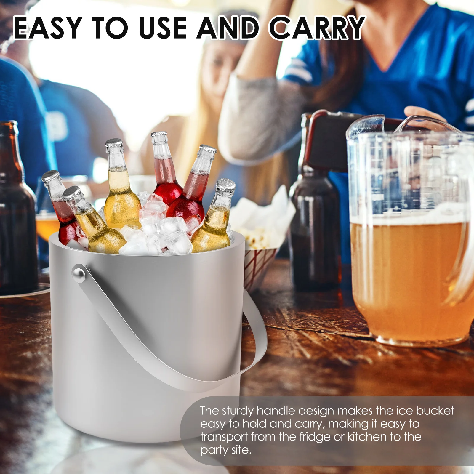 Ice Bucket with Handle 3L Double Wall Insulated Ice Container Bin Stainless Steel Icing Cube Container with Clip Strainer