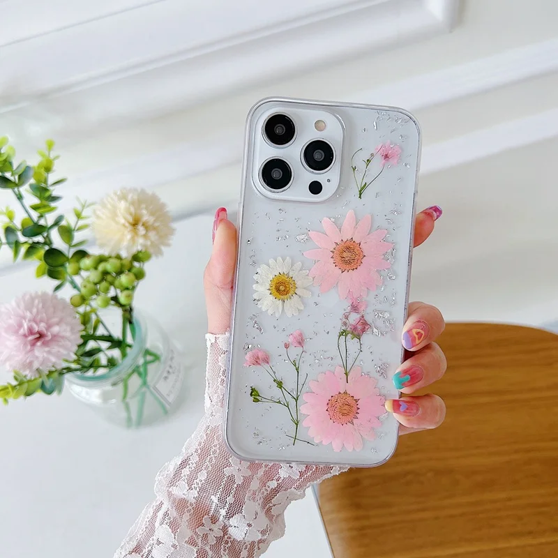 手作りのドライフラワー電話ケース,iPhone 16,15,14,13,11,12 pro max