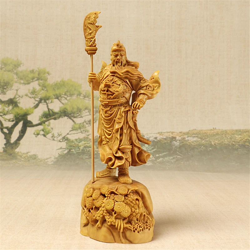 

18CM guan gong wood Figurines Hand Carved Collect Wealth God Guan yu Sculpture Gift Wood Statue Home Decoration