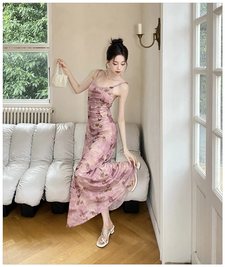 Sexy Printed Long Dresses for Women Mesh Spaghetti Strap Slim A-line Party Dress Summer Korean Fashion One Piece Vestido Mujer