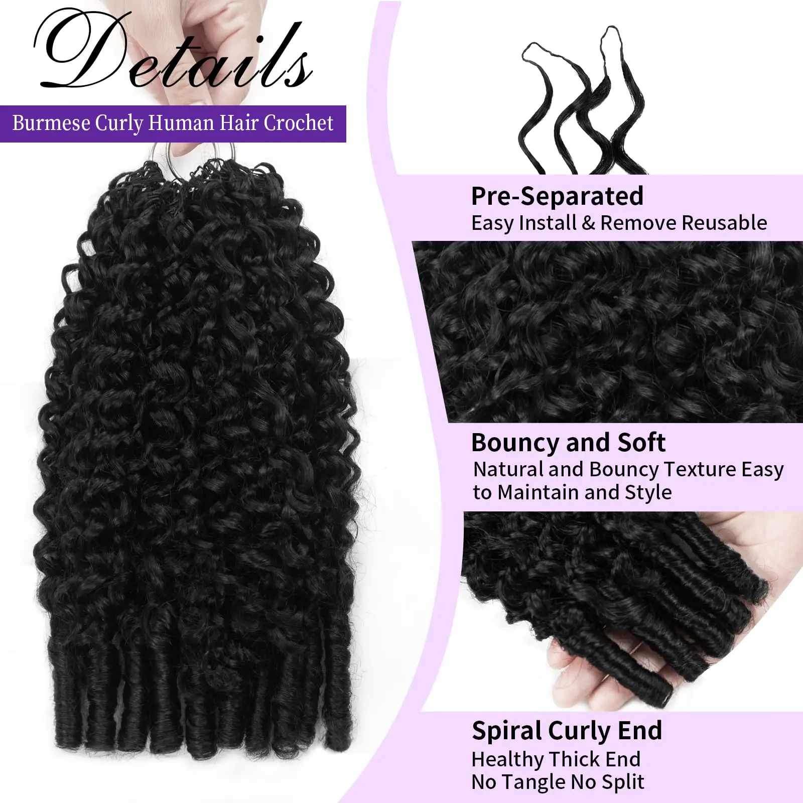 Burmese Curly Human Hair Crochet Braids Extensions Pre Separated Burmese Remy Hair Bundles 12A Lightweight Reusable Remy Hair Extensions For Women Natural Black Color 2