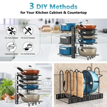 8 Tiers Pan Pot Organizer Rack 3 DIY Methods Adjustable Cabinet Pantry Pots Lids Storage Rack Kitchen Organization 2