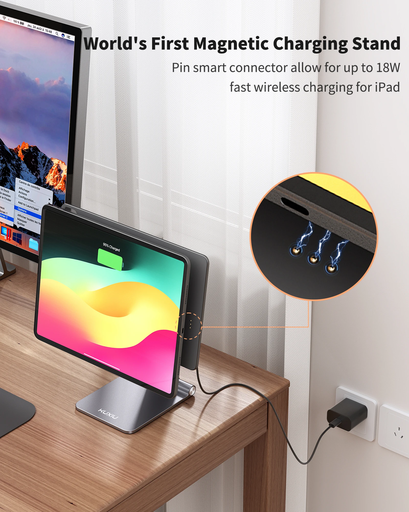 KUXIU Magnetic Charging Stand for iPad Pro 11/13 inch M4(2024), Foldable Aluminum Alloy Tablet Holder with 1M USB C Cable 4