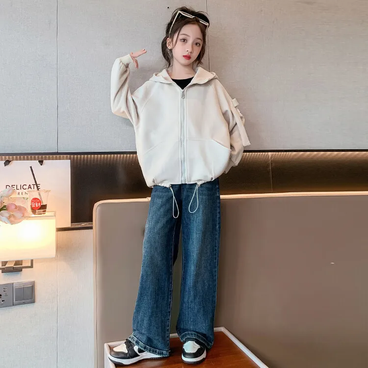 

2023 Korean Spring Autumn Junior Girl Outwear Teenager Girl Hooded Drawstring Hem Track Coats School Girl Sweat Coat 4-12 Years