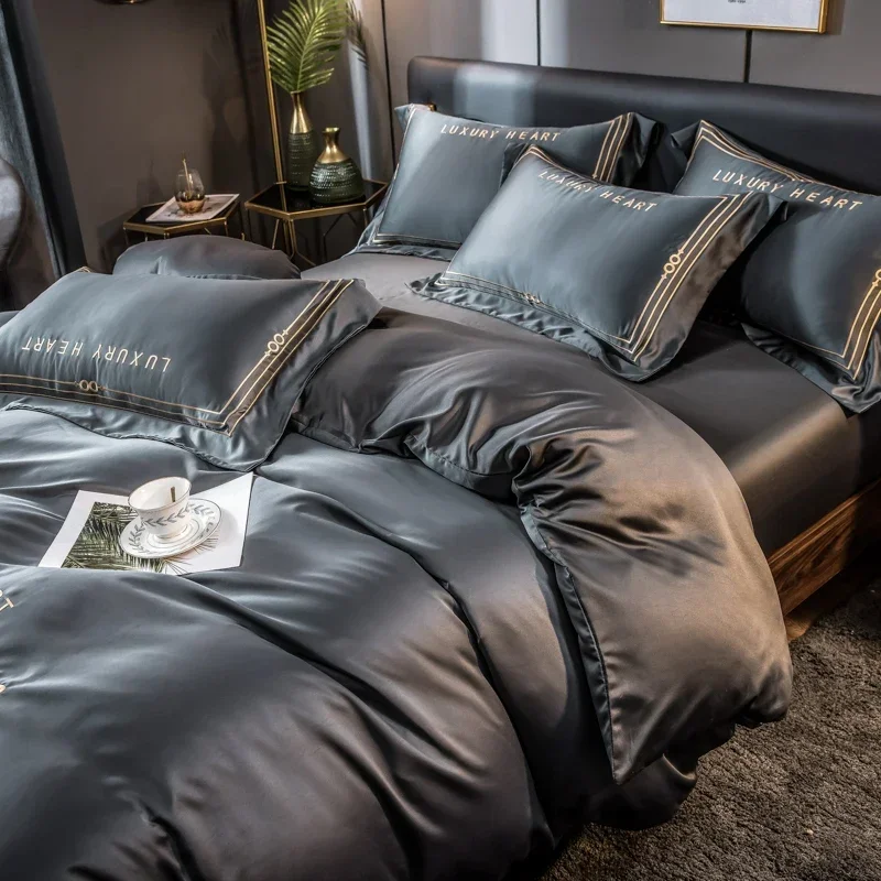 

Spring Summer smooth bedding set luxury embroidery bed sets duvet cover fitted bed sheet flat sheet pillwocases Queen King size