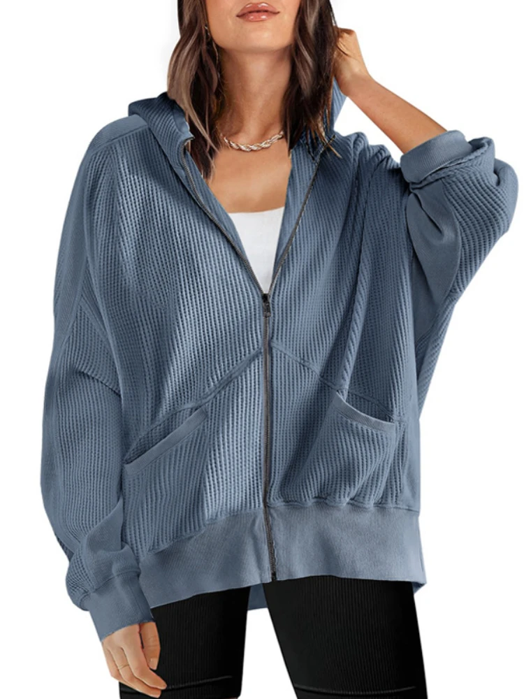 

Hoodies Women New in Waffle Cardigan Zippered Hoodie for Home Wear Hoodie for Outerwear Medium Length Jacket Women's Clothing