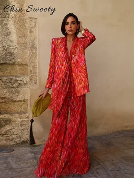 Street Women's Printed Lace Up Jackets Pants Sets Shoulder Pad Full Sleeve Coats Wide Leg Pants 2026 Summer Lady Fashion Outfits 1
