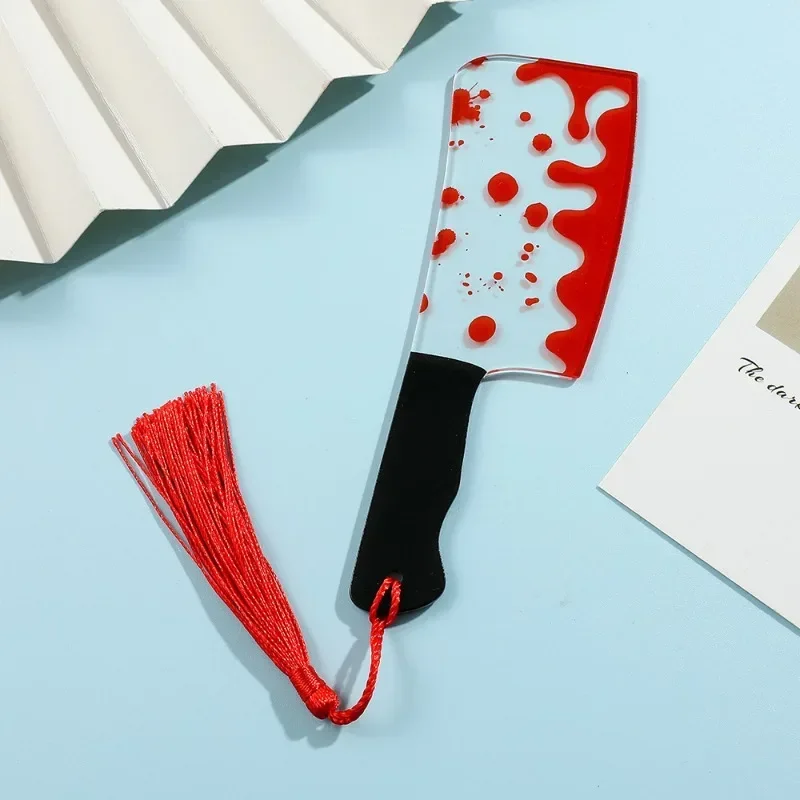 Horror Knife Clear Acrylic Bookmark with Tassel Halloween Series Funny Gift Chopper with Blood Book Mark Reading Supplies