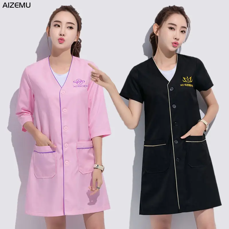 white plus size Salon grooming clothes Black short beauty uniform dress spa uniform scrub uniform Lab coat logo Beautician tops