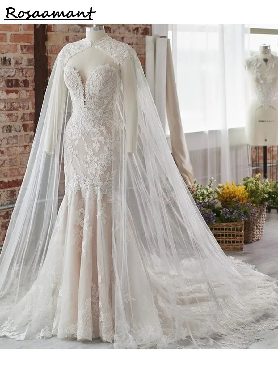 

New Arrive Lace Mermaid Wedding Dresses With Tulle Shawl Slim Elegant Bridal Gowns Vestido Noiva Sereia