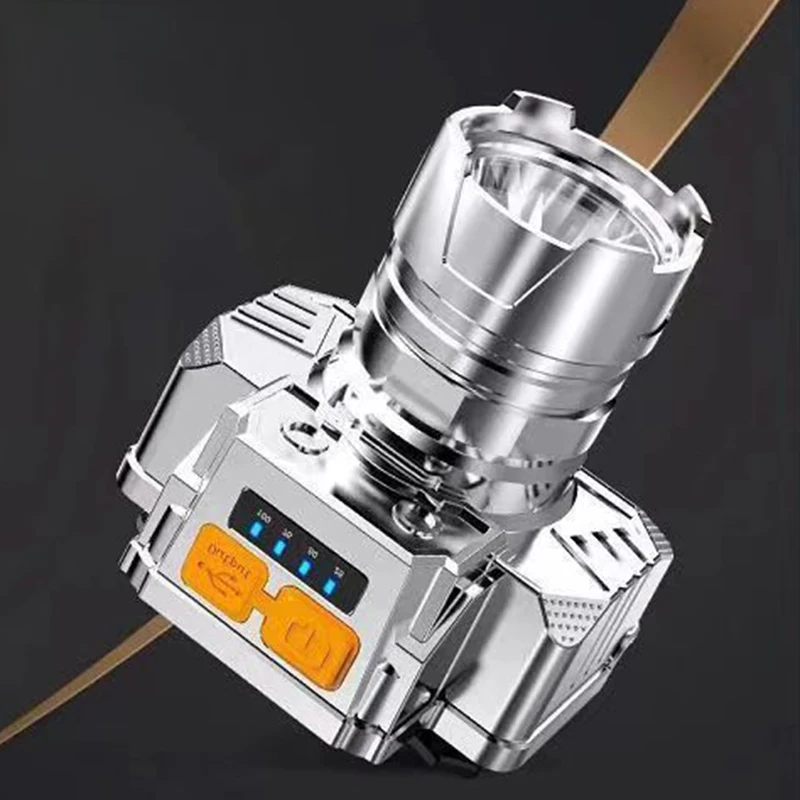 휴대용 LED 헤드 마운트 손전등, 야외 방수, 강력한 헤드램프, USB 충전식 캠핑 랜턴, 전원 디스플레이 포함