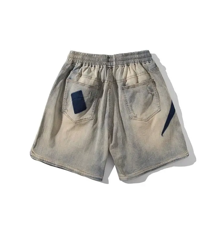 Yellow Mud-colored Old Denim Shorts Men's Washing Trendy American Retro Loose Street Hip-hop Ripped Five-point Pants
