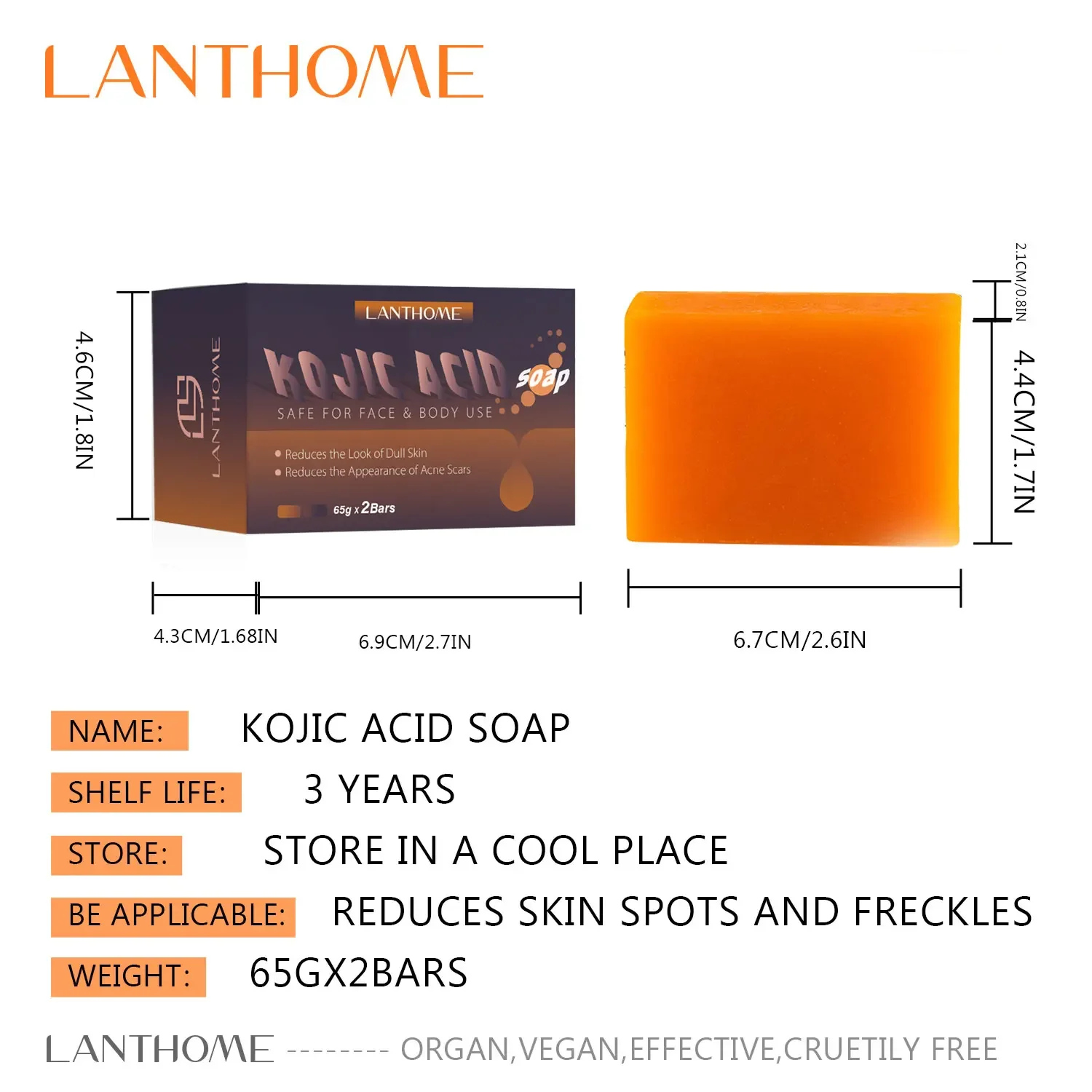 65g x 2 Kojic Acid Soap for Whitening Reduce Skin Dullness Acne Treatment Deep Moisturizing Handmade Soap for Face Skin Care