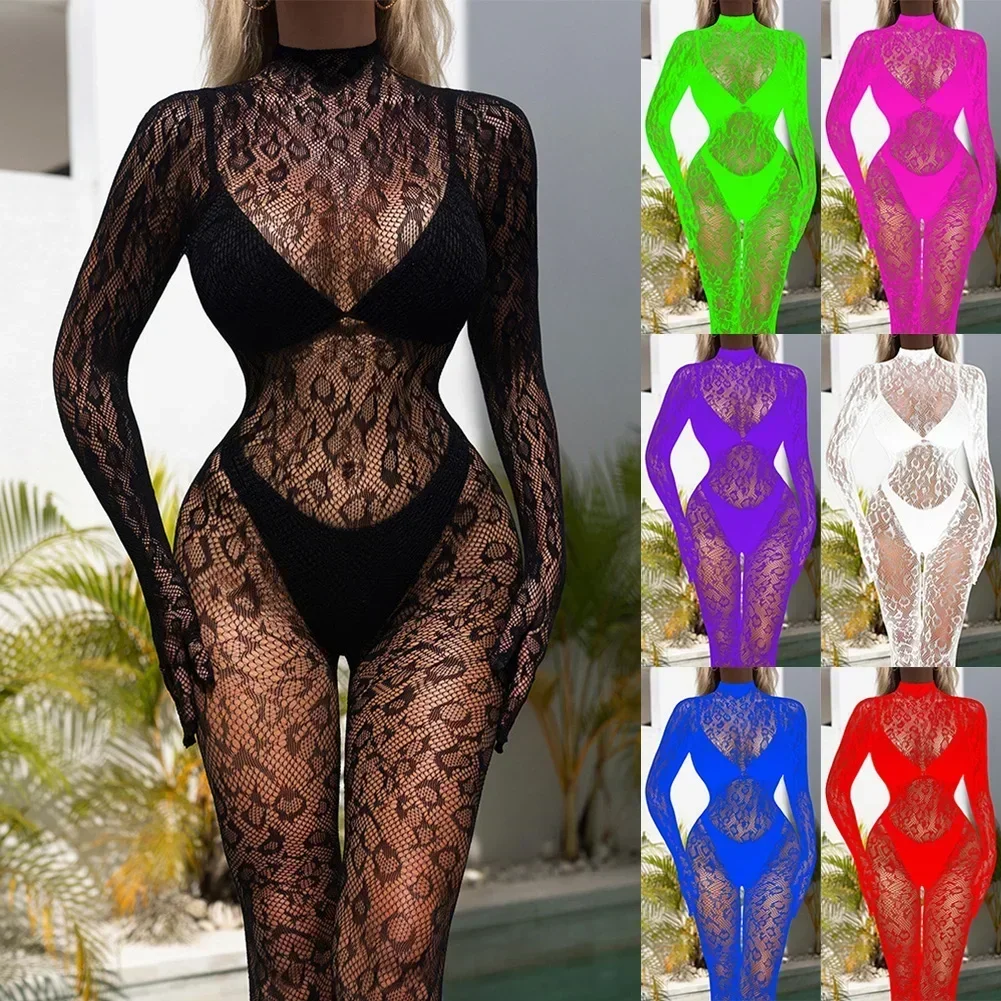 Women Sexy Fishnet Long Sleeve Bodysuit Hollow Out Backless Full Body Stockings Mesh Romper Club Jumpsuit See-Through Tights Women Underwear Sexy Lingerie Women Jumpsuit