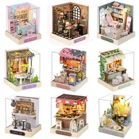 DIY Wooden Miniature Model Kit Japanese Cherry Blossoms Noodles Shop Casa 3D Puzzle Villa Dollhouse With Furniture Friends Gifts 1