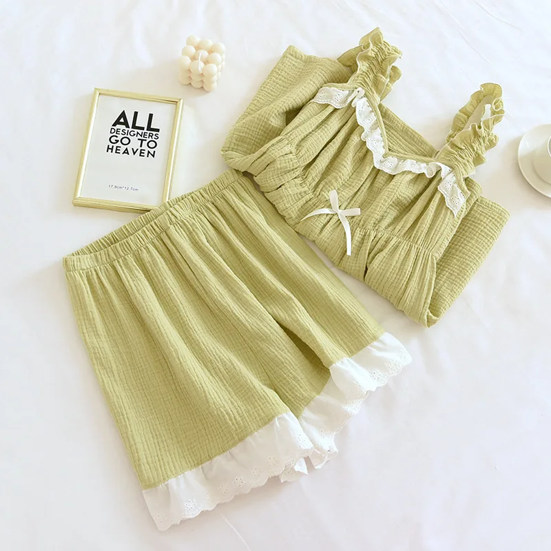 2023 New Summer Women's Pajama Set 100% Cotton Crepe Vest+Shorts Two Piece Set Ladies Green Solid Lace Cute Home Fur Girls