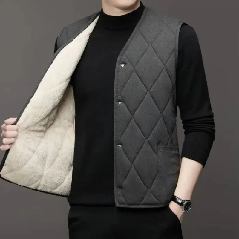 Autumn Winter waistcoat Men Lamb Fleece Coat Vest Button Cardigans Thicken Warm Solid V-Neck Casual Versatile Plaid Jackets