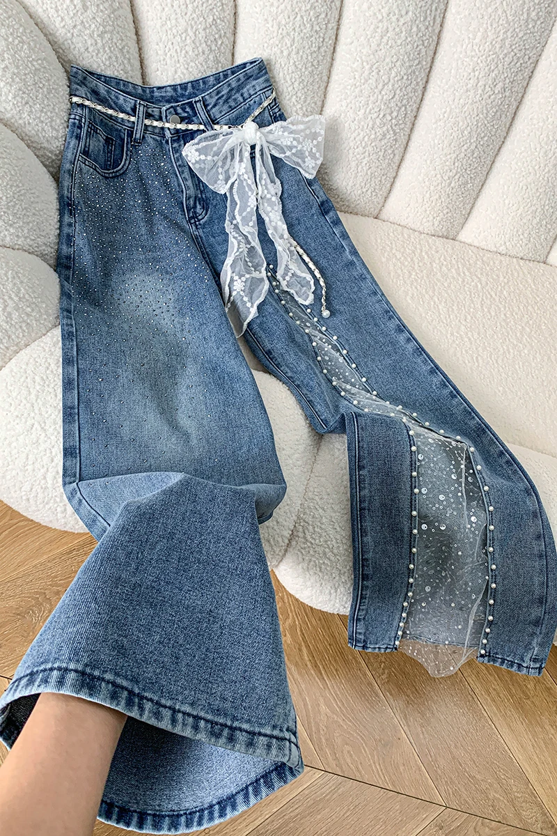 Jeans Y2K Baggy pour Femme, Printemps, avec Appliques en Dentelle, Cloutés de Cristaux, Denim Effiloché, Décorations de Perles, Coupe Évasée à Fente Haute