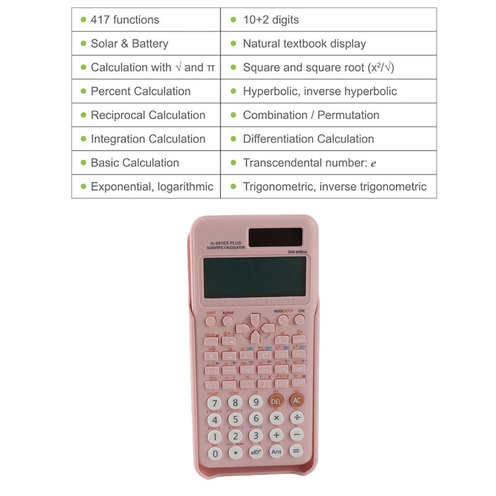 Enhanced Scientific Calculator with 417 Functions and Dual Power Supply