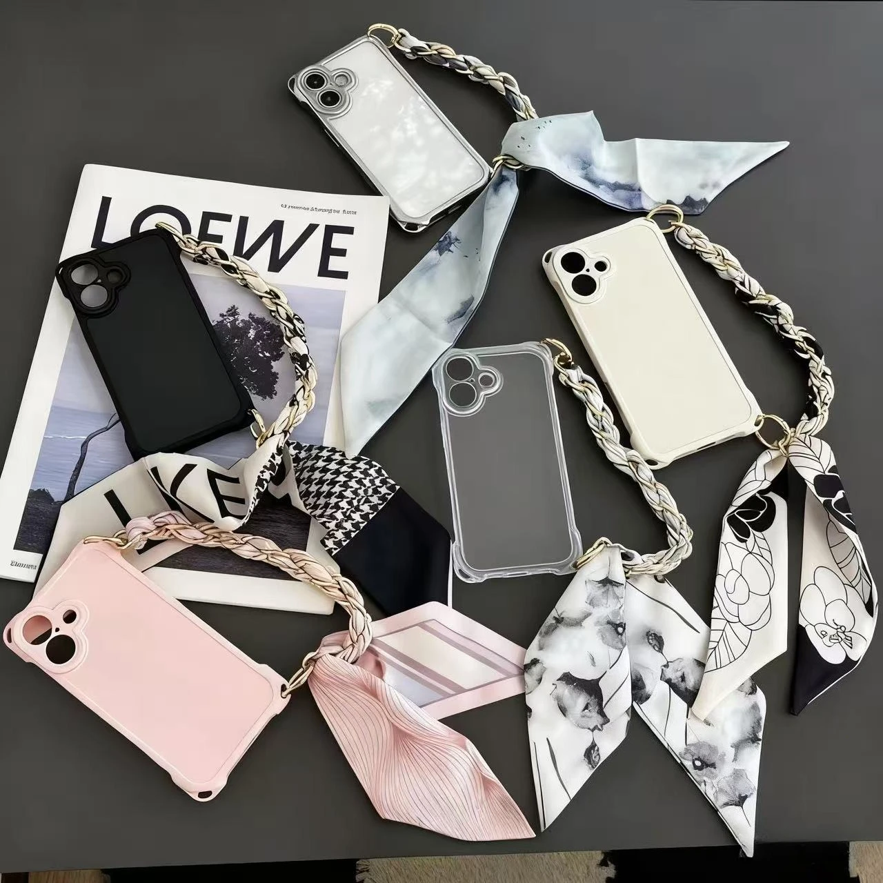 Elegant Silk Scarf Chain Strap Phone Case with Soft Shockproof Lanyard Cover