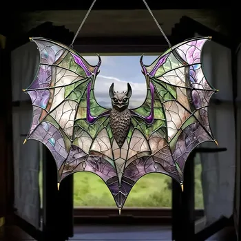 Bat Stained Glass Window Pendant Bat Suncatcher Halloween Decoration Bat Decor Hanging For Home Kitchen Light Garland Plug in 2