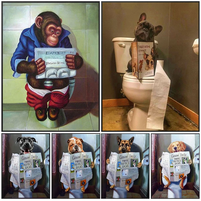 Affiche murale imprimée d'animaux assis sur les toilettes, décoration  amusante de la maison, lire un journal, gérer un singe, un chien, une vache  - AliExpress