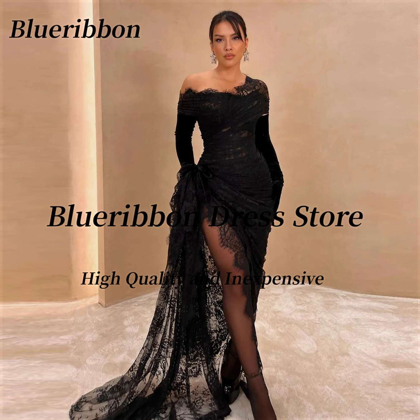 

Blueribbon Sexy Side Slit Black Lace Prom Dresses Zipper Back Cocktail Party Evening Gowns with Gloves فساتين للحفلات الراقصة