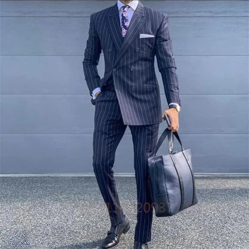 Navy Blue Striped Men Suits Slim Fit Wedding Groom Tuxedo Peak Lapel Business Blazer 2 Piece Set Costume