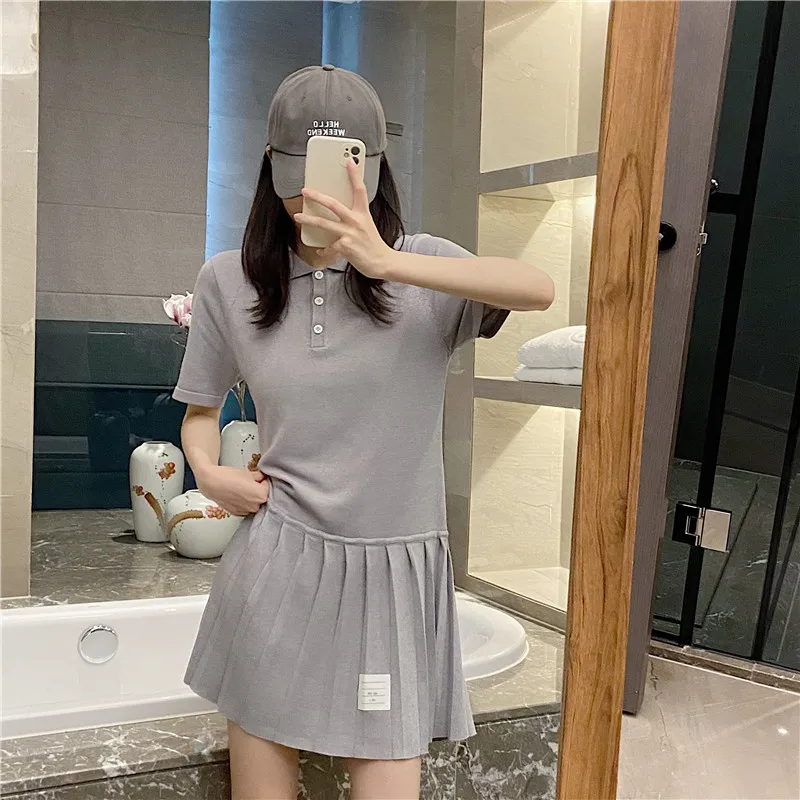 High Quality TB Korean Style Ice Silk Knitted Polo Shirt Short-sleeved Dress Summer Casual Slimming Niche High-end Pleated Skirt