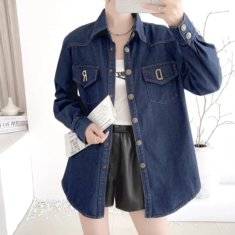 Spring Autumn Fashion Vintage Korean  Loose Women Single Breasted All-match Denim Long Sleeve Shirts Z123