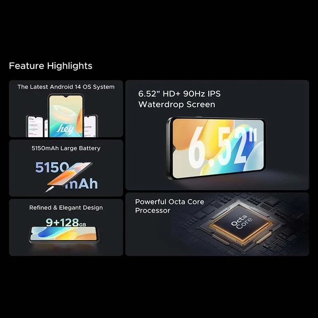 DOOGEE N55 Smartphone 2024, Android 14, 9(4+5) GB+128GB/1TB, 6.56 HD+90Hz, 13MP Fotocamera, Telefono Cellulare 5150mAh Batterie, 4G Dual SIM 2.4G/5G WiFi OTG Smartphone Gaming, Nero