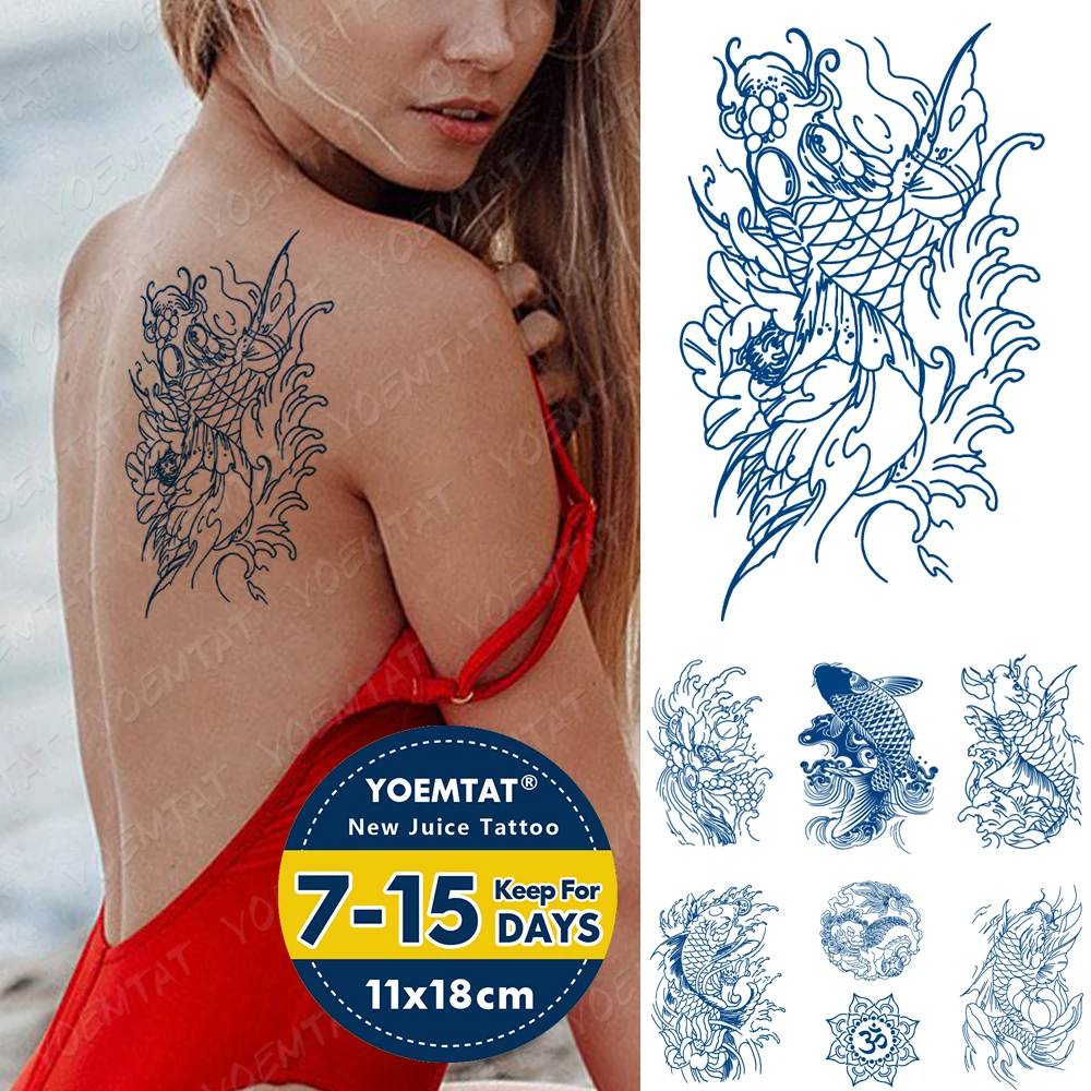 

Blue Ink Juice Waterproof Temporary Tato Sticker Carp Lotus Sexy Back Long Lasting Transfer Body Art Flash Fake Tattoo Men Women