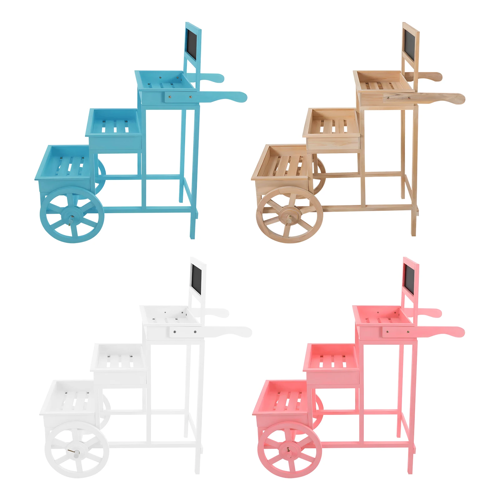 3-Tiered Flower Cart Display Stand with Wheels, Plant Flower Rack with Blackboard, Stand Blue/Pink/White/Wood Color